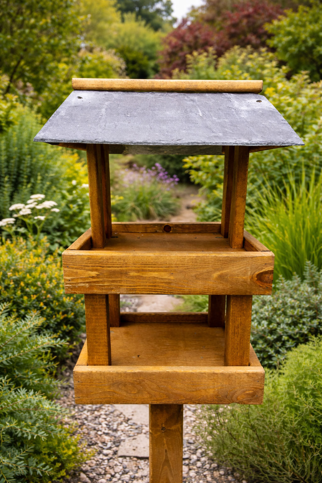 Twin Platform Wooden Bird Table with Real Slate Roof Heavy Duty Garden Wild Bird Feeding Station