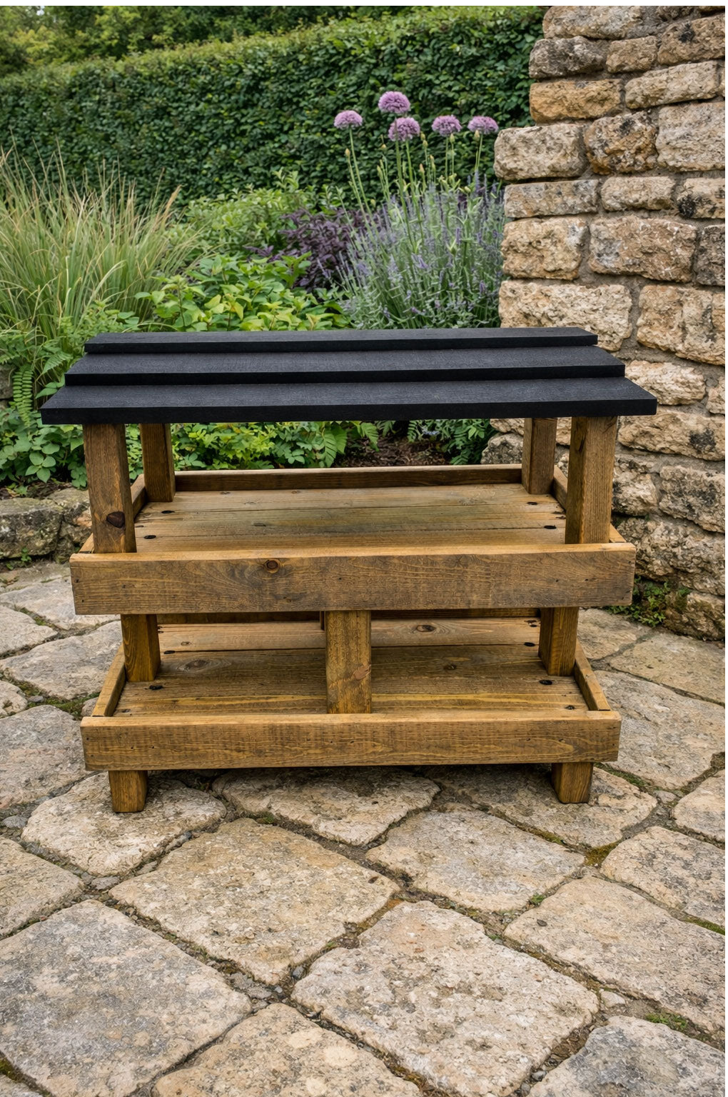 Heavy Duty Wooden Ground Bird Feeder Table - Ready Assembled Outdoor Wild Bird Feeding Station with Black Roof