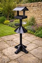 Large Wooden Bird Table Feeding Station with Squirrel Baffle Guard - Black  Freestanding Outdoor Garden Bird Feeder