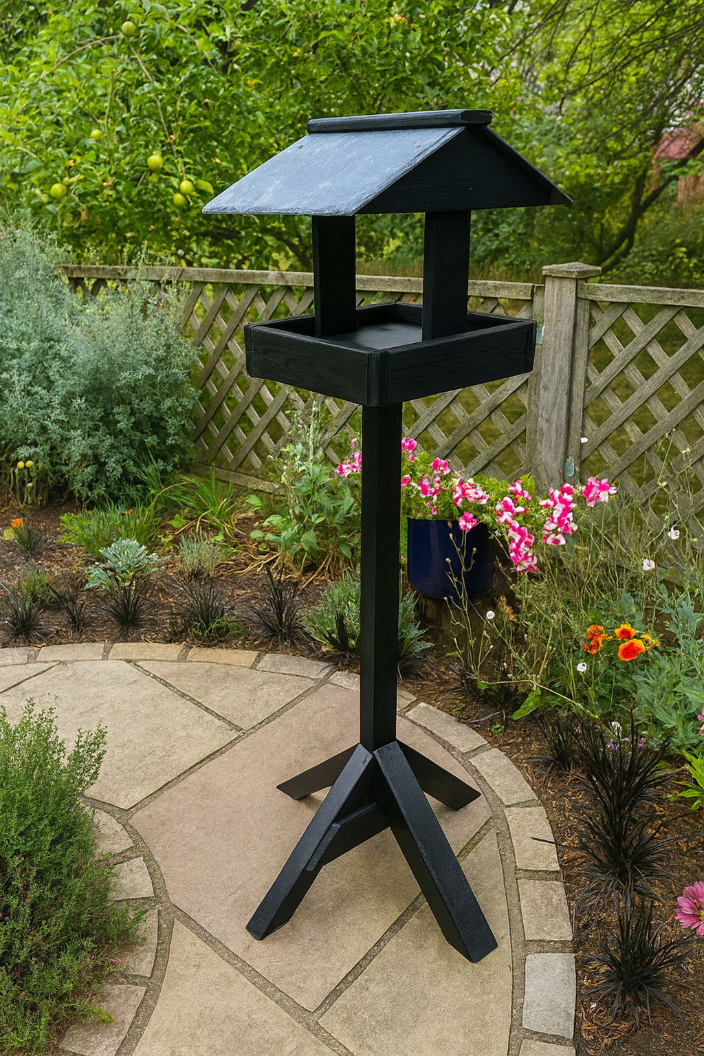 Wooden Bird Table Stand with Slate Roof - Garden Bird Feeder