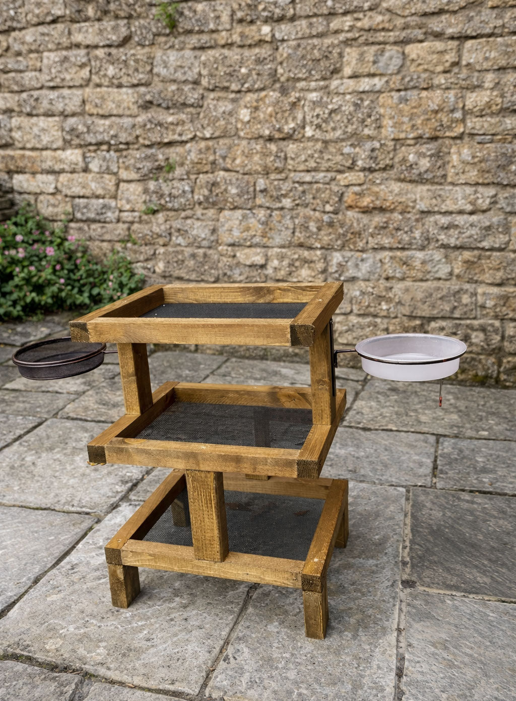 Three Tier Wooden Bird Feeding Station with Water Bowl & Mesh Trays – Ground Feeder Table