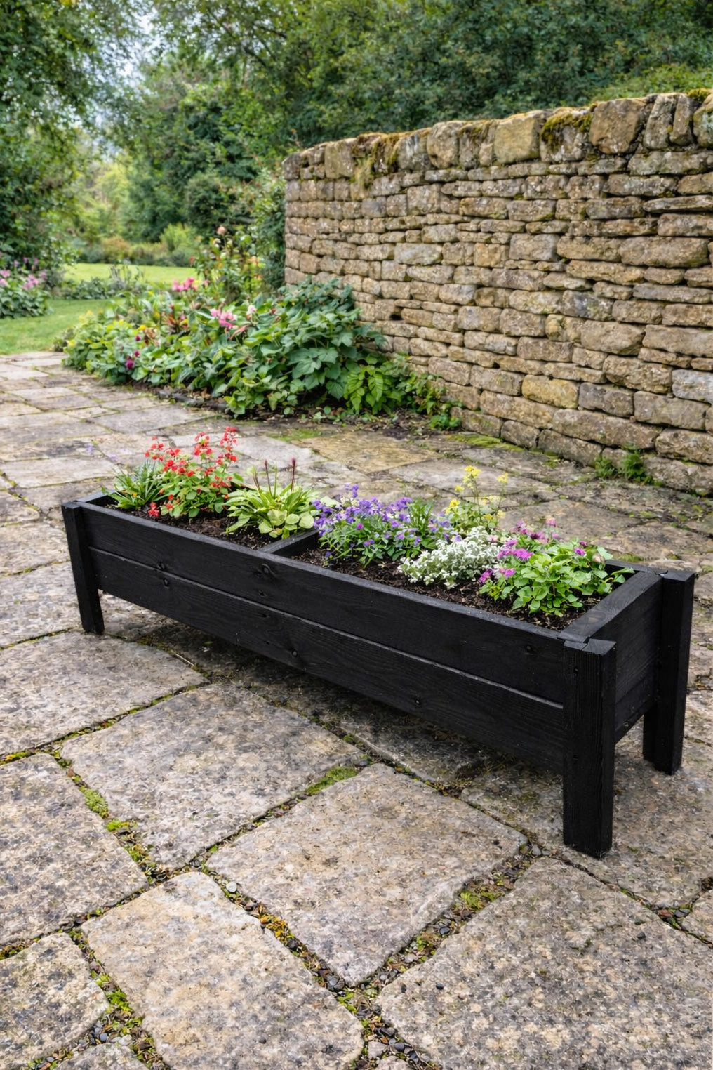 Raised Wooden Garden Container on Legs - Black Timber Trough for Herbs & Flowers