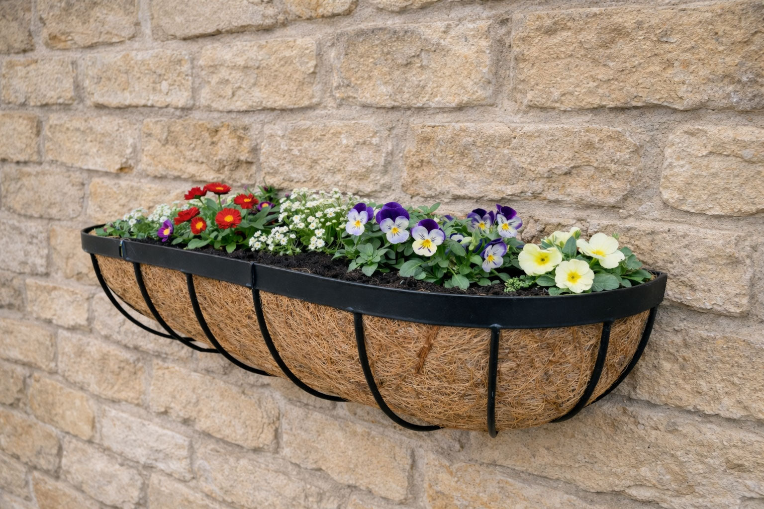 Twin Pack Outdoor Metal Wall Planters 60cm Window Boxes with Natural Coir Liners for Garden Walls