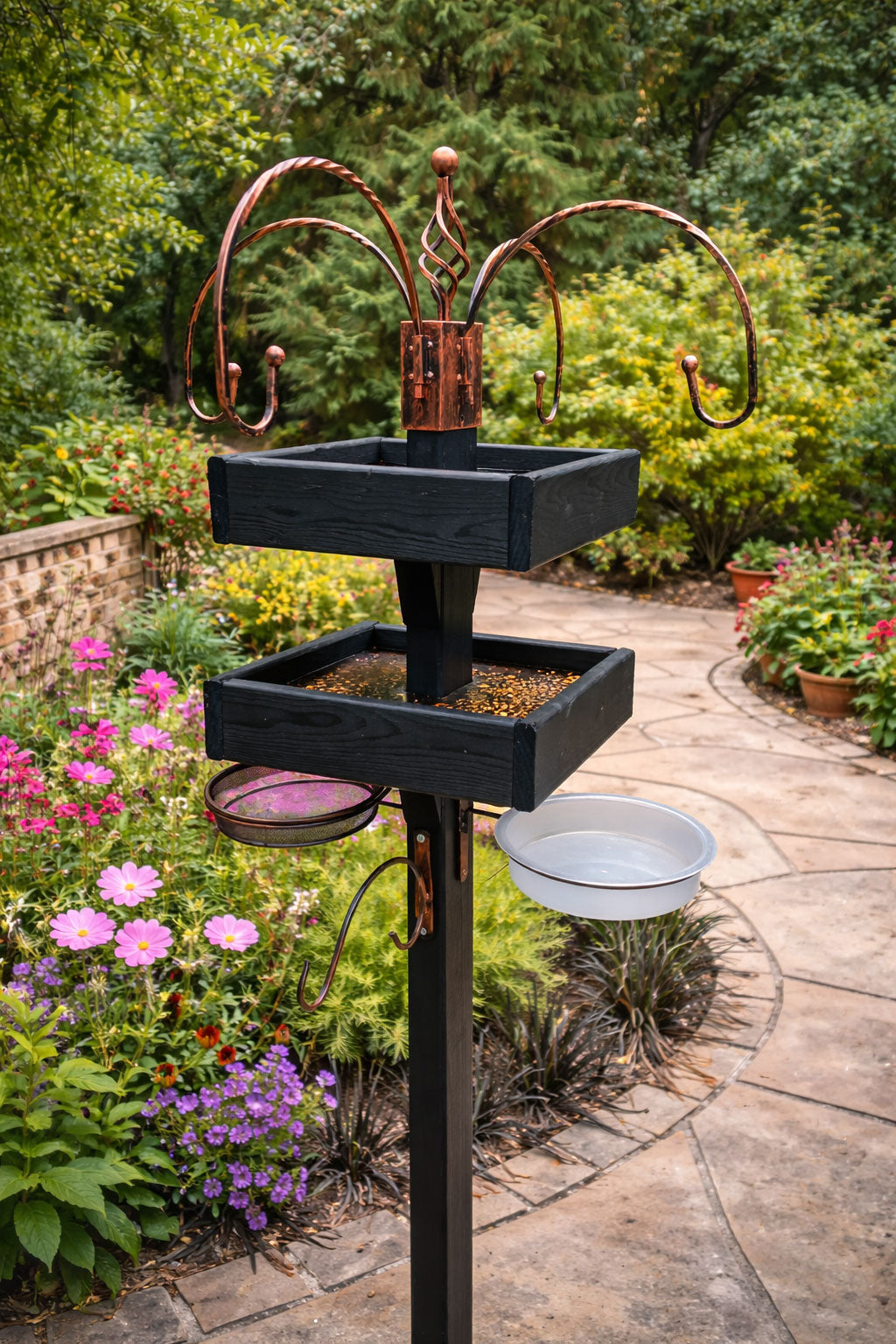 Freestanding Bird Feeding Station Heavy Duty with Dual Feeding Tables - 4 Arm Hanging Hooks - Mesh Seed Tray and Water Dish