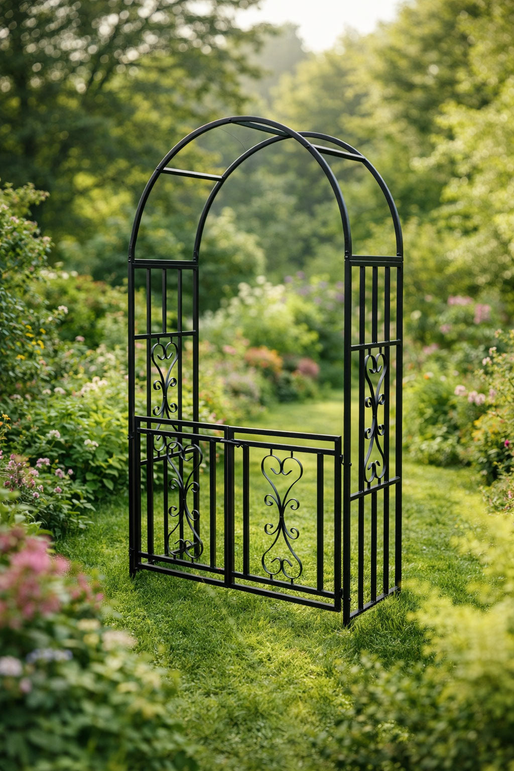 Metal Garden Arch with Opening Gate - Steel Garden Archway Walkway Entrance Frame for Climbing Roses