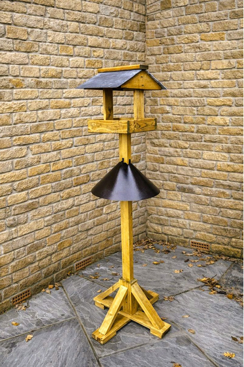 Wooden Bird Table with Squirrel Baffle - Slate Roof & Heavy Duty Stand