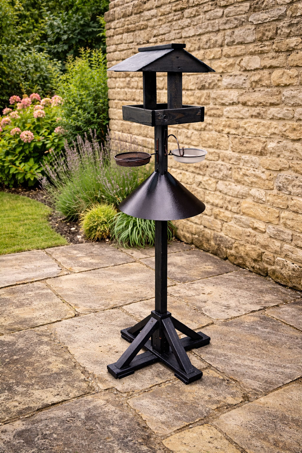 Large Wooden Bird Table Feeding Station with Squirrel Baffle Guard - Black  Freestanding Outdoor Garden Bird Feeder