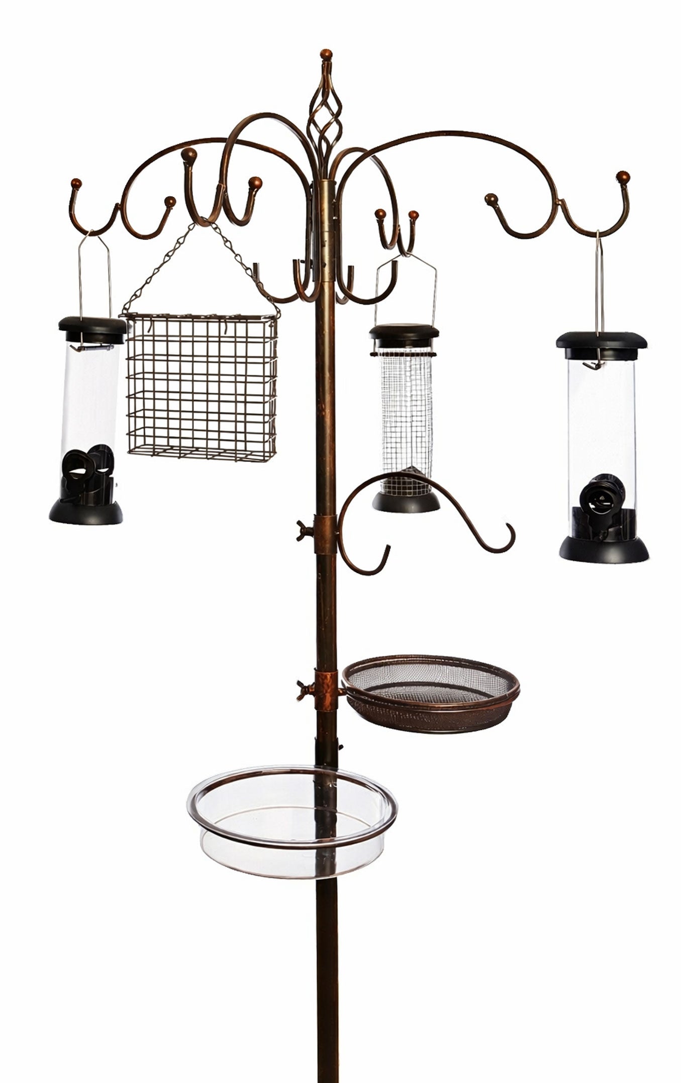 Bronze All-in-One Garden Bird Feeding Station with Feeders & Water Dish Feed Tray