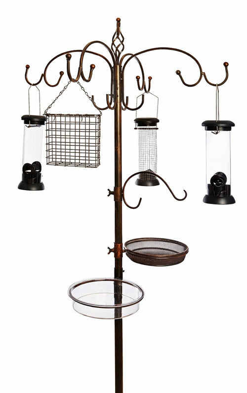 Bronze All-in-One Garden Bird Feeding Station with Feeders & Water Dish Feed Tray