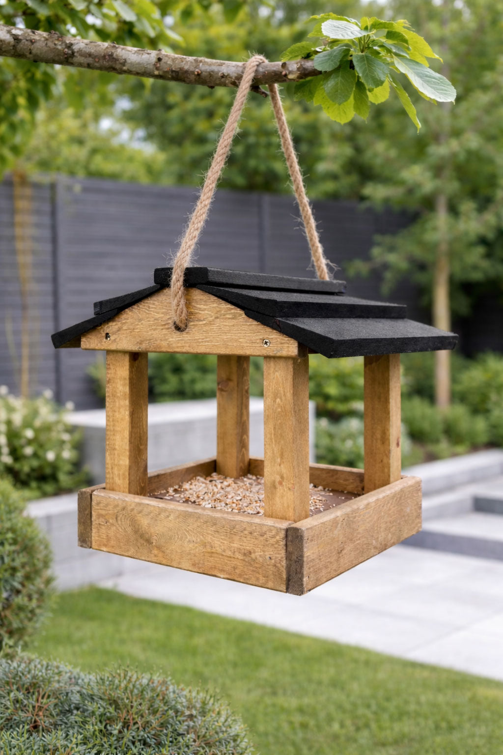 Timber Wooden Bird Feeder with Black Roof Hanging Garden Wild Bird Table Feeding Station
