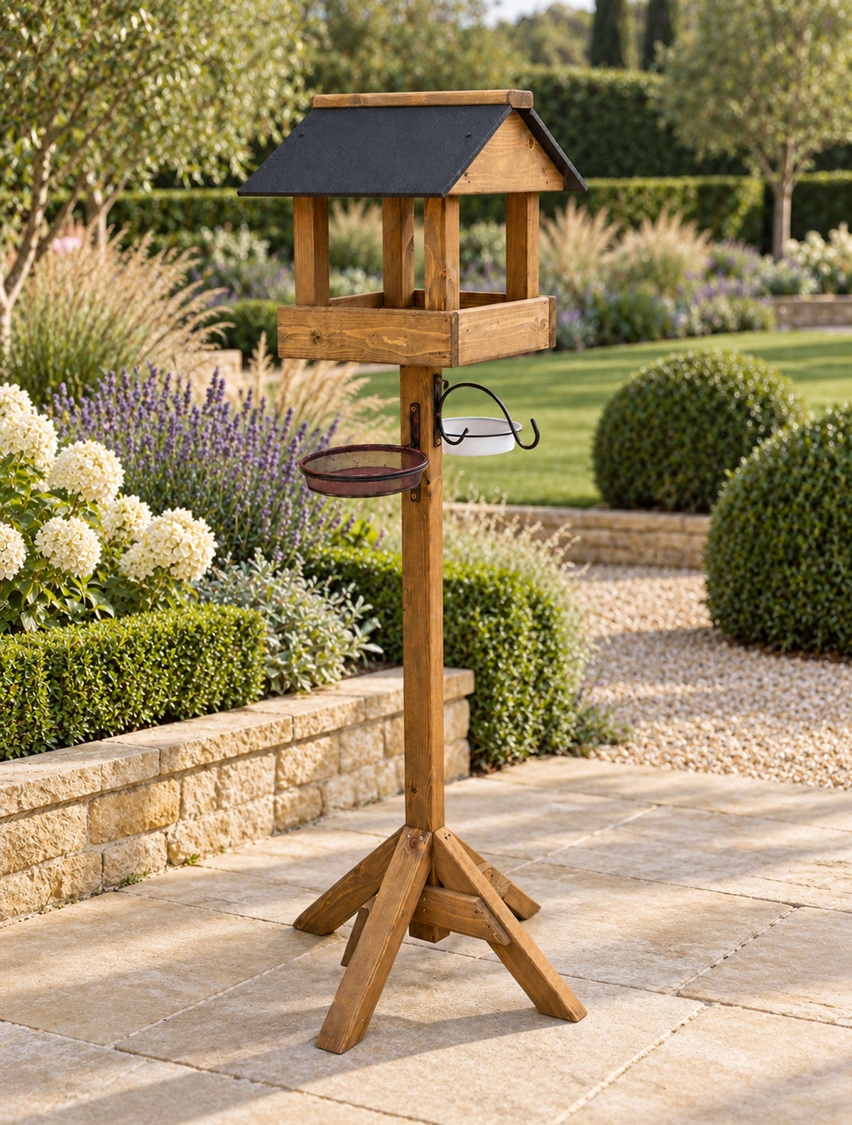 Meadows Wooden Bird Table with Black Roof, Feeding Station Trays & Bird Bath