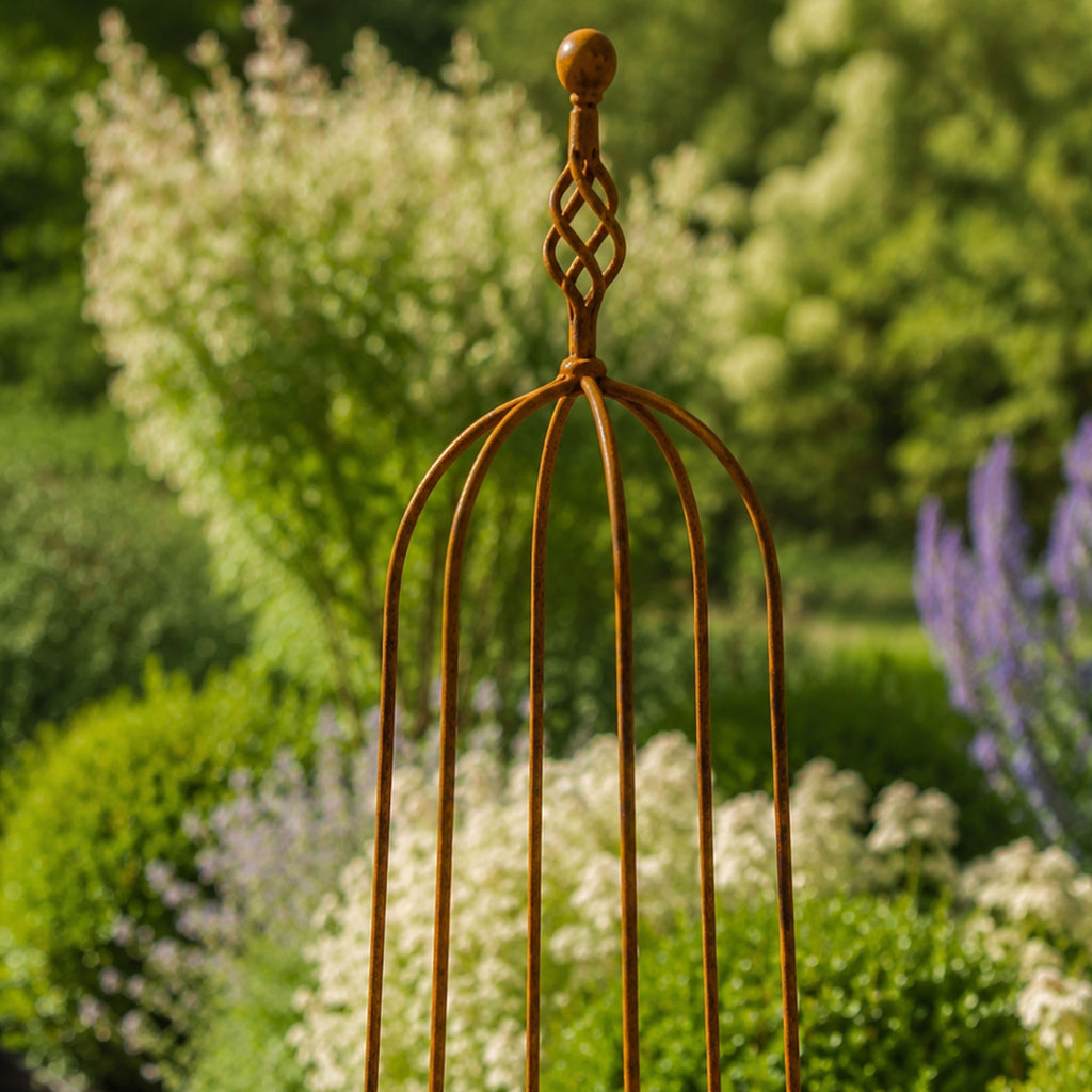 Metal Garden Obelisk with Spiral Top - Steel Climbing Plant Support Frame with Natural Rust Finish