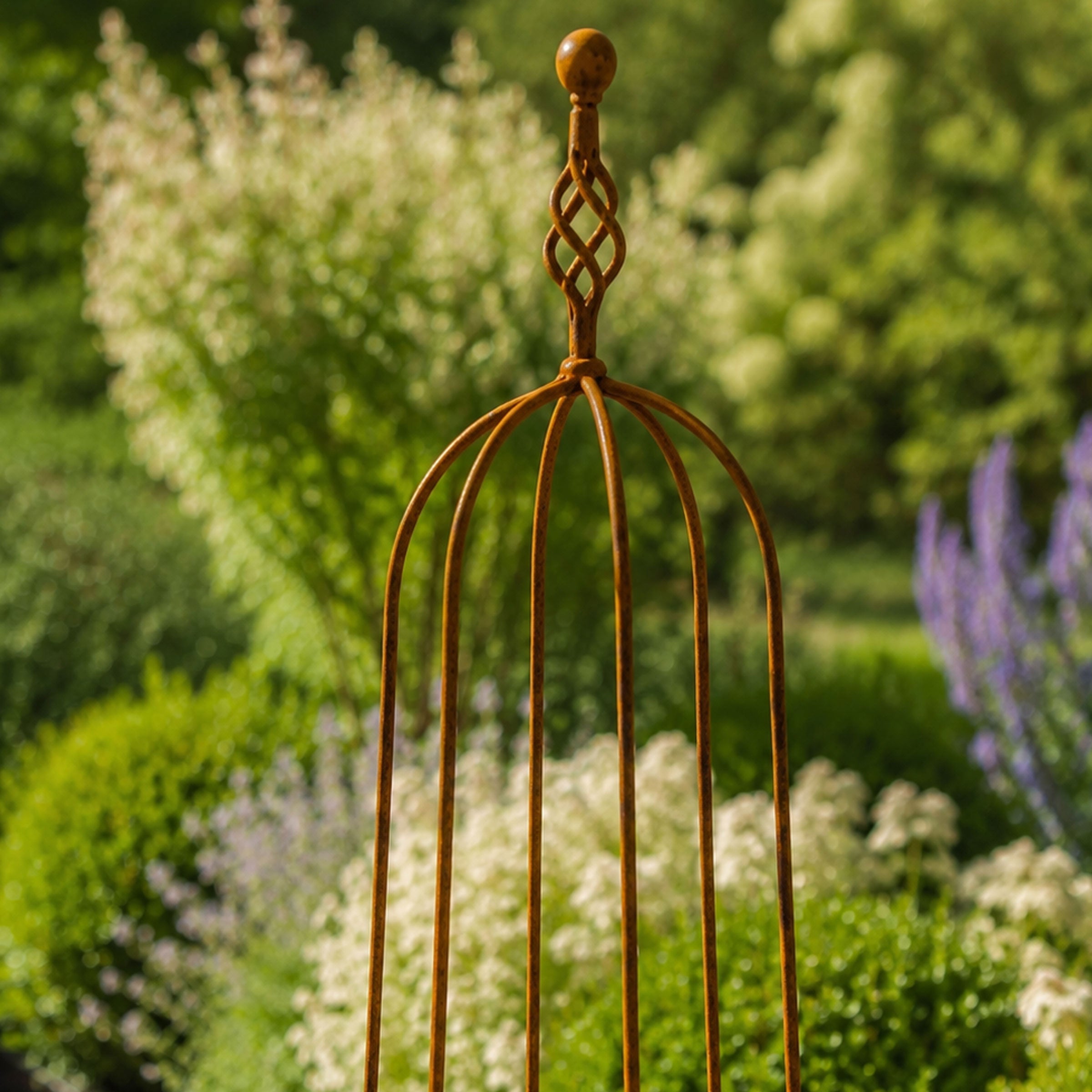 Metal Garden Obelisk with Spiral Top - Steel Climbing Plant Support Frame with Natural Rust Finish