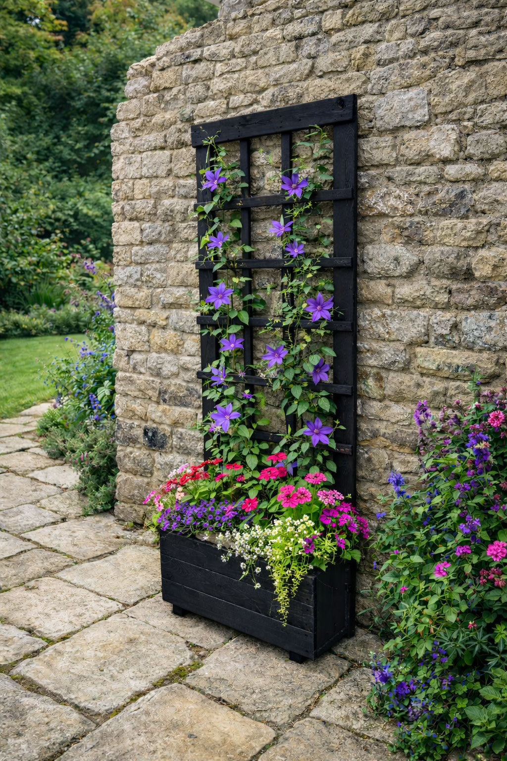 Heavy-Duty Wooden Planter with Trellis Plant Support - Modern Black Finish