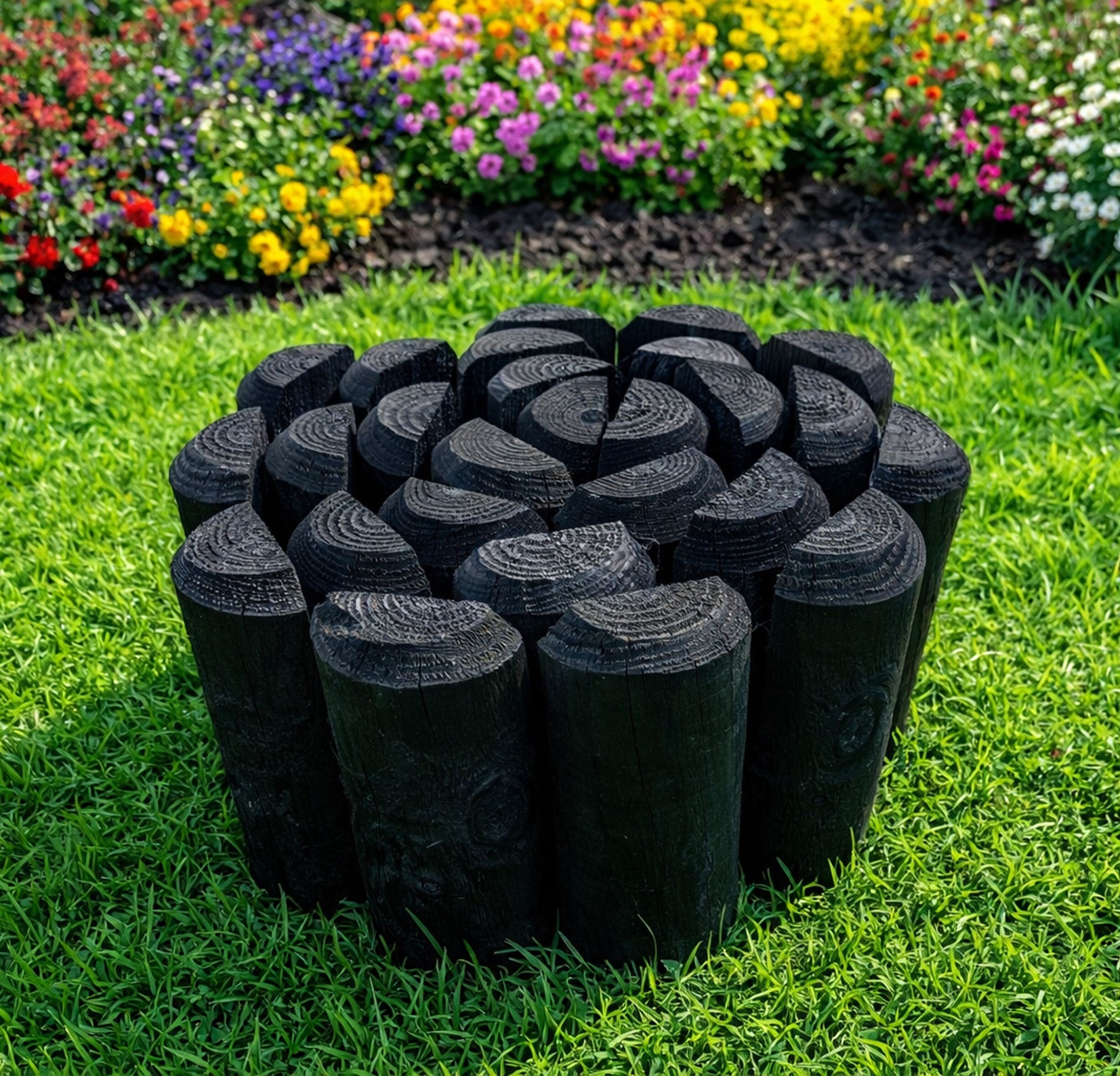 Timber Log Roll Garden Edging Black Pressure Treated Wooden Lawn Border Multiple Heights