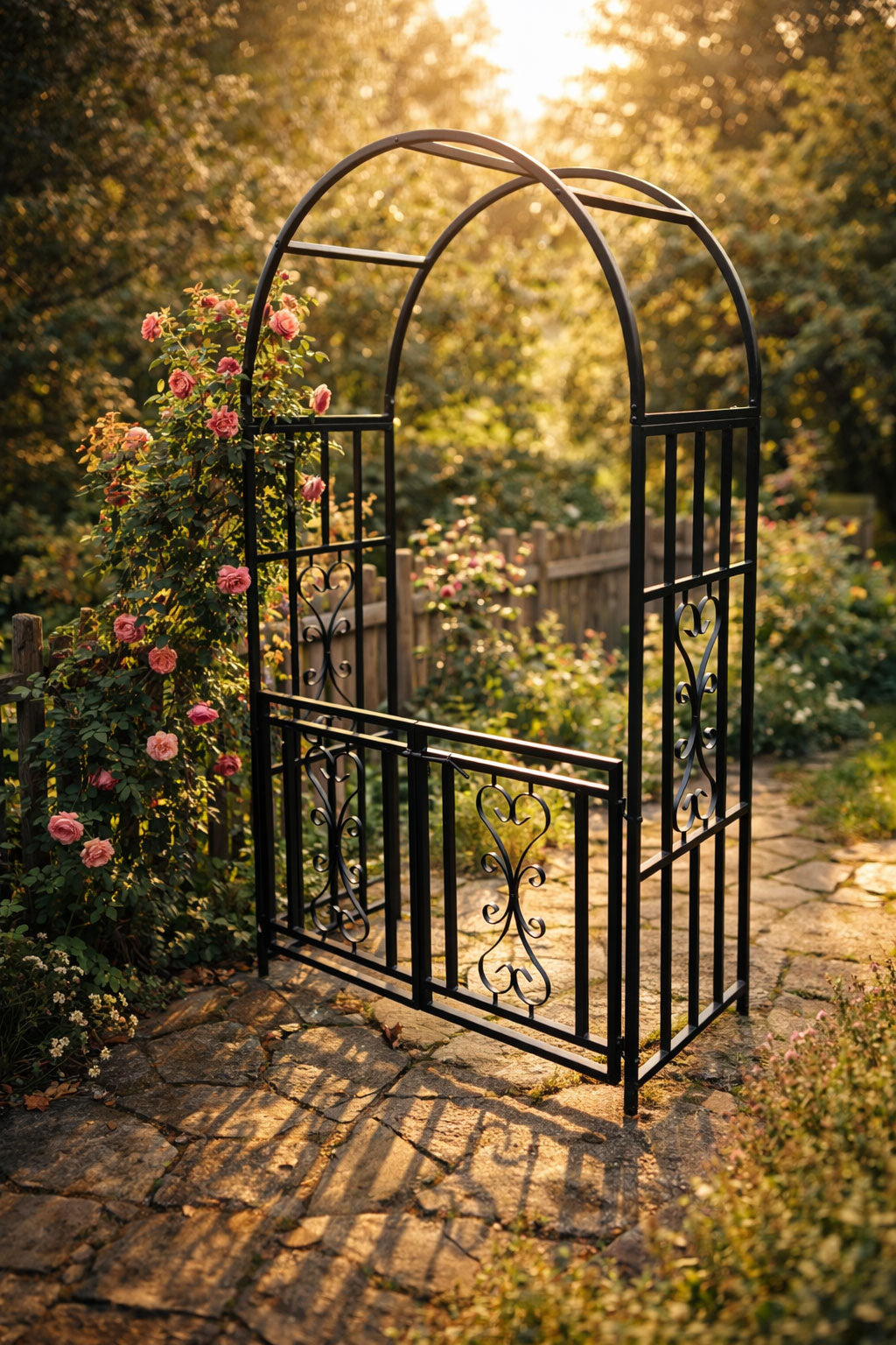 Metal Garden Arch with Opening Gate - Steel Garden Archway Walkway Entrance Frame for Climbing Roses
