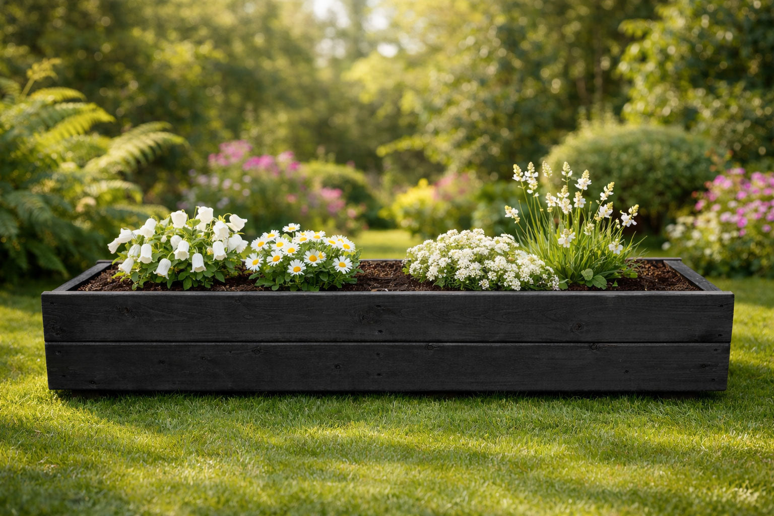 Wooden Garden Trough Planters 110cm Black Raised Flower Herb Planter Boxes - Set of Two