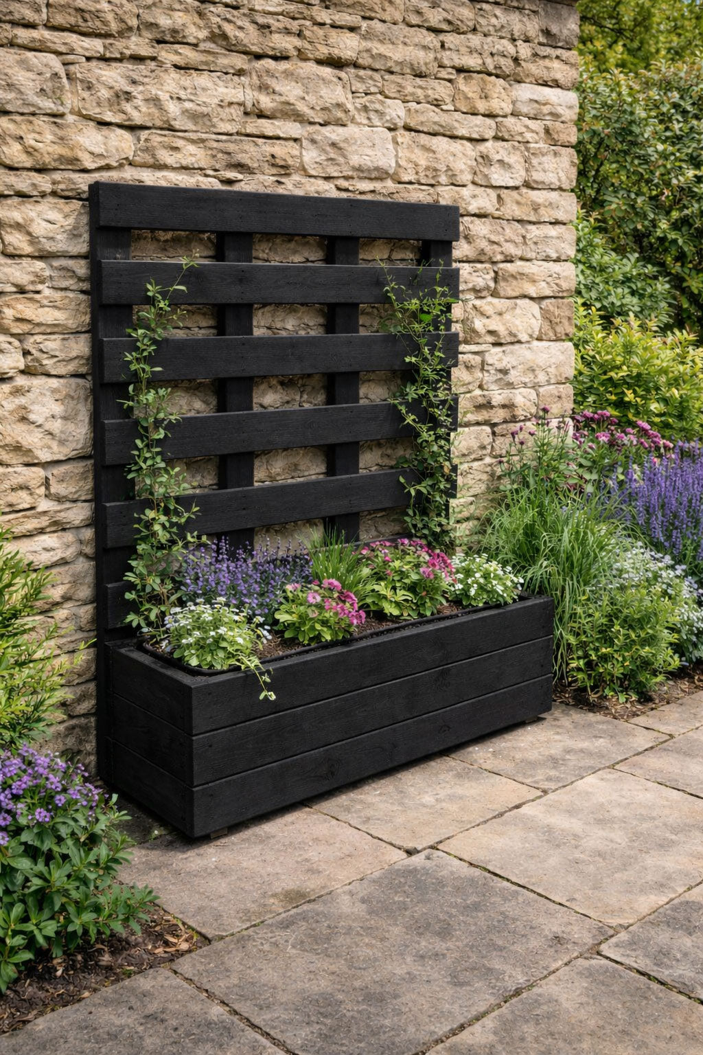 Modern Wooden Black Planter with Trellis - Vertical Frame Garden Planter