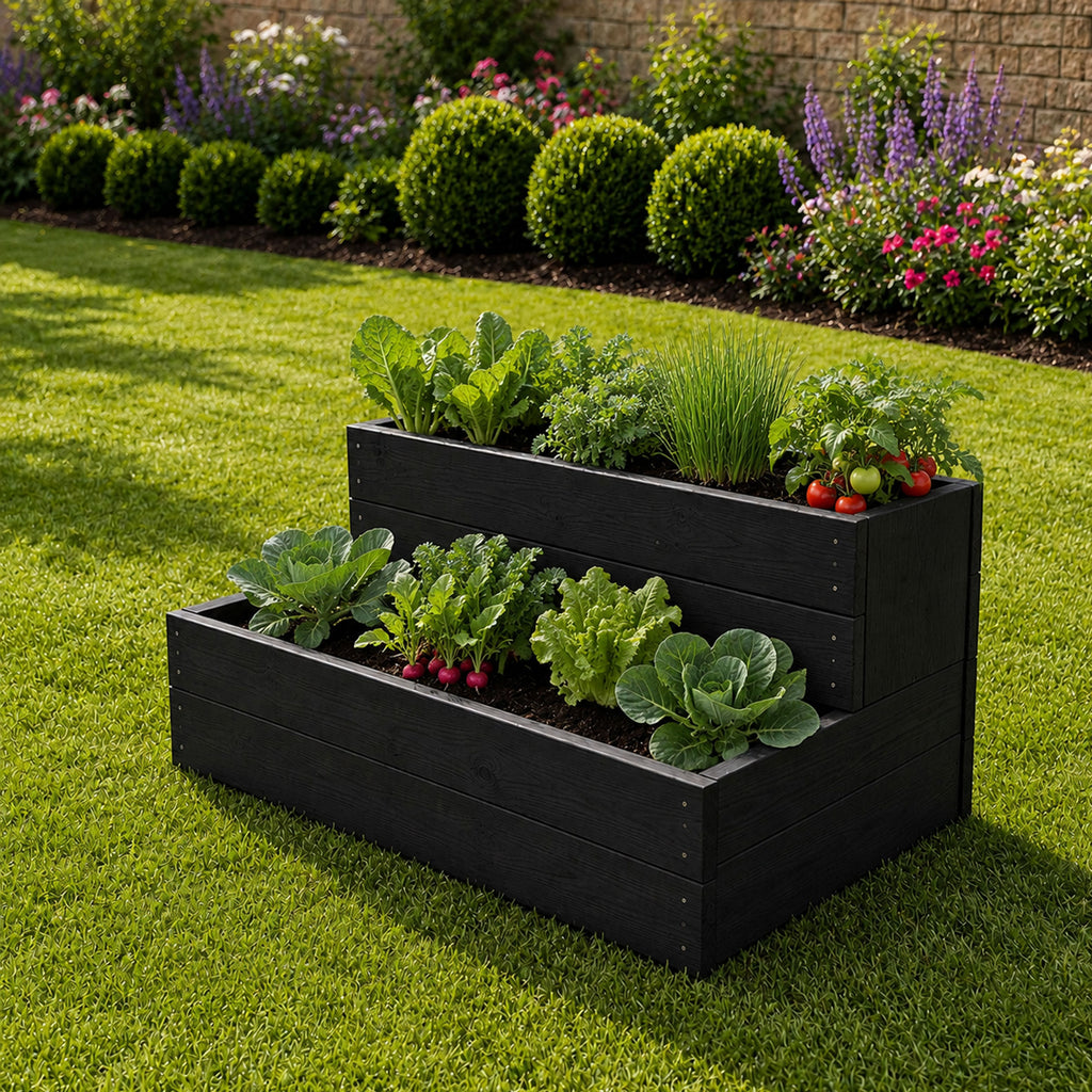 Double Tier Timber Planter Box - Handmade Wooden Garden Growing Bed Black