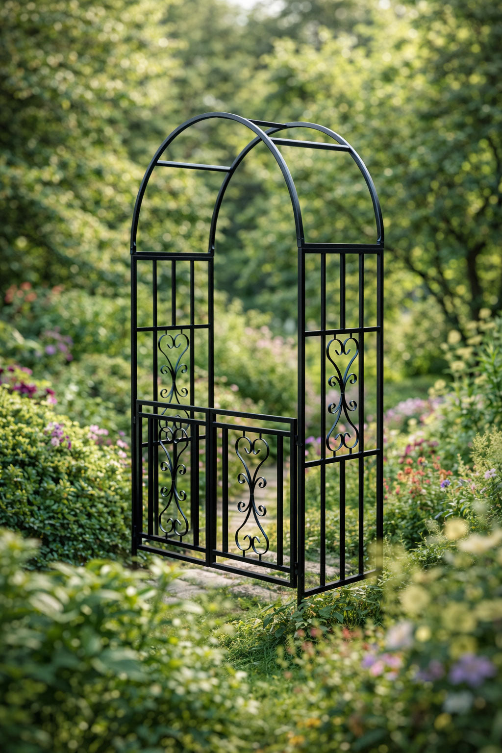 Metal Garden Arch with Opening Gate - Steel Garden Archway Walkway Entrance Frame for Climbing Roses