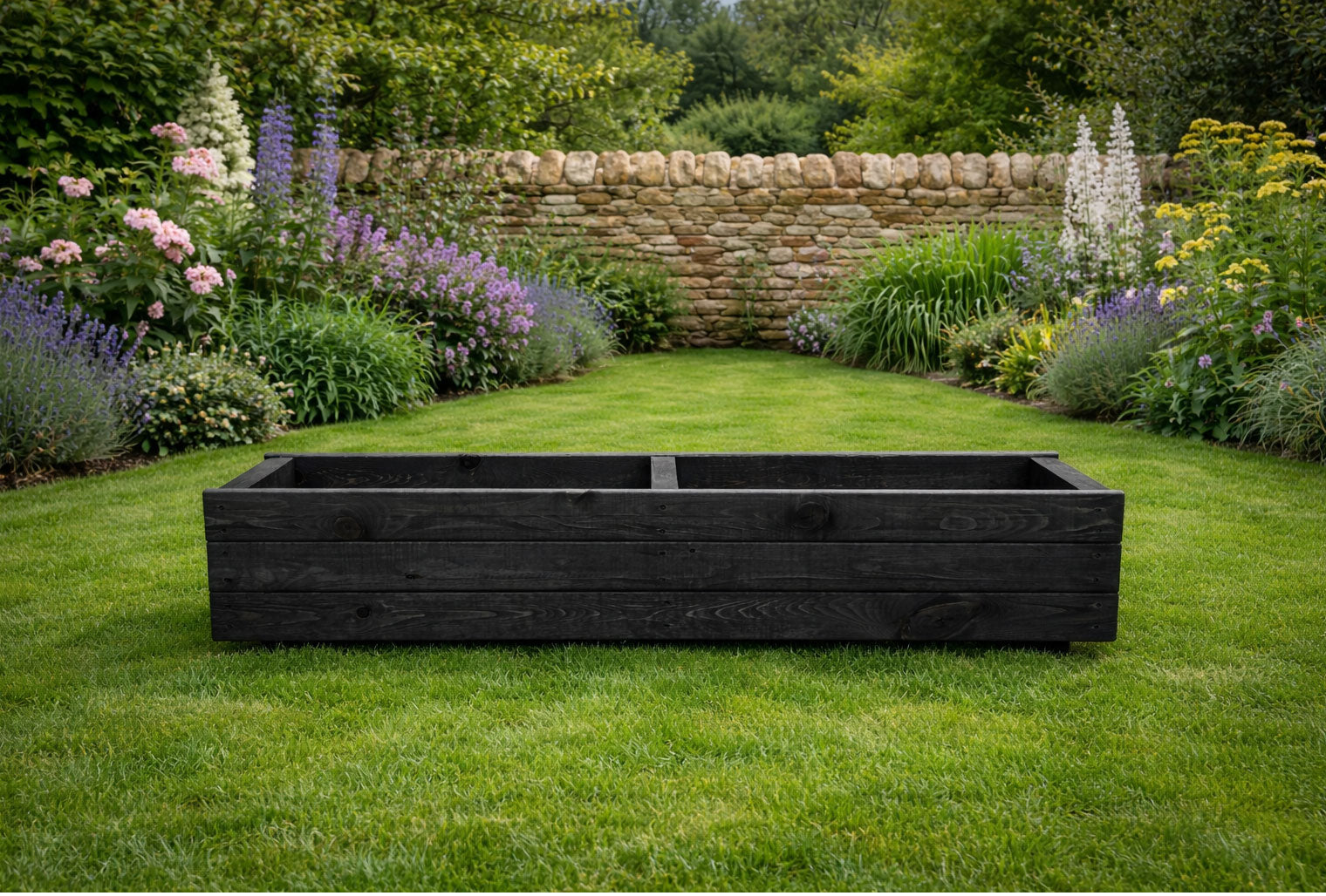 Modern Black Wooden Garden Trough Planter 120cm - Heavy Duty Rectangular Outdoor Plant Container for Patios