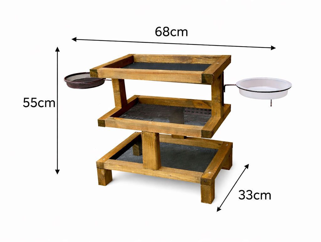 Three Tier Wooden Bird Feeding Station with Water Bowl & Mesh Trays – Ground Feeder Table