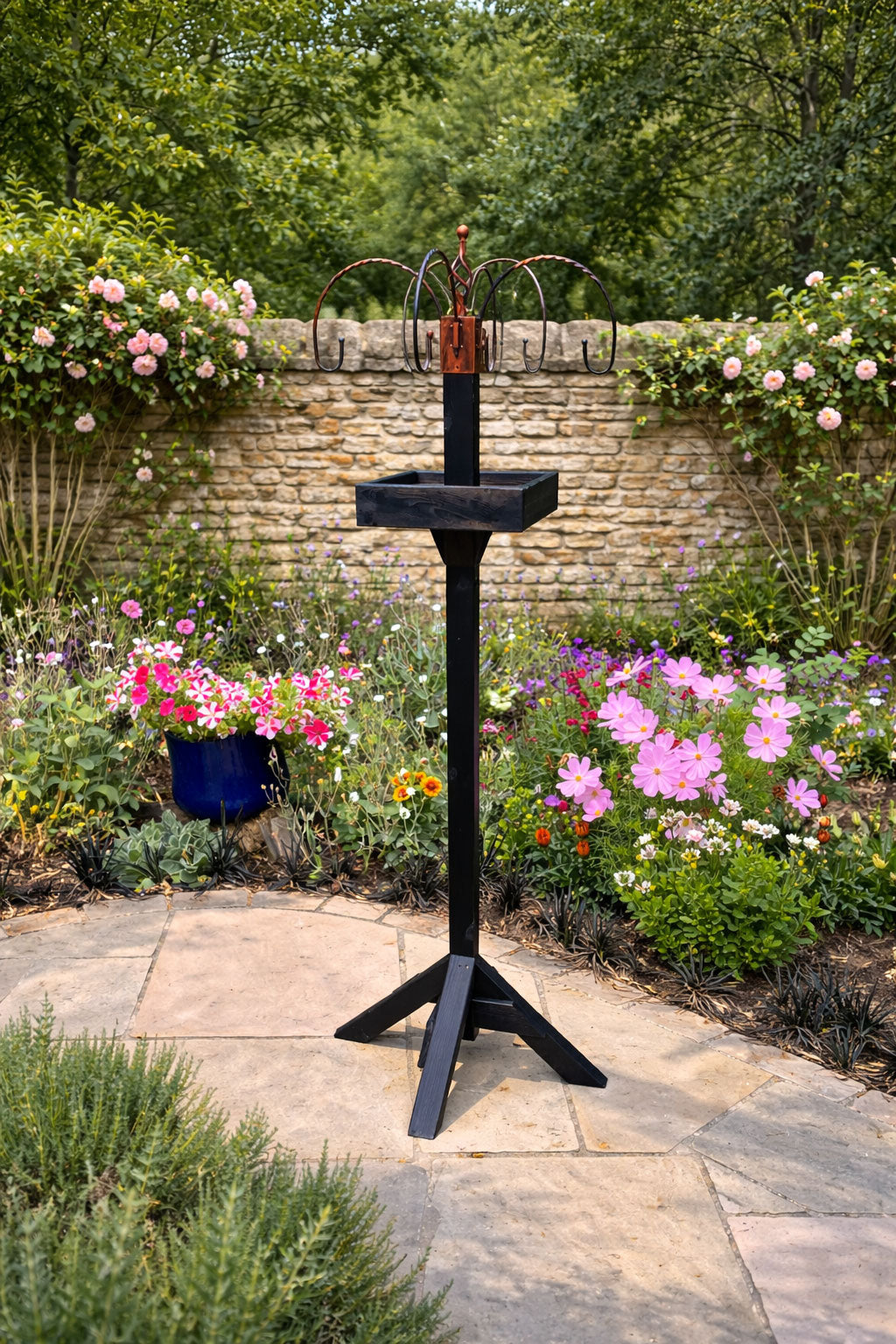 Wooden Bird Table Feeding Stand with Four Hooks Large Garden Bird Feeder Station for Patio Outdoor