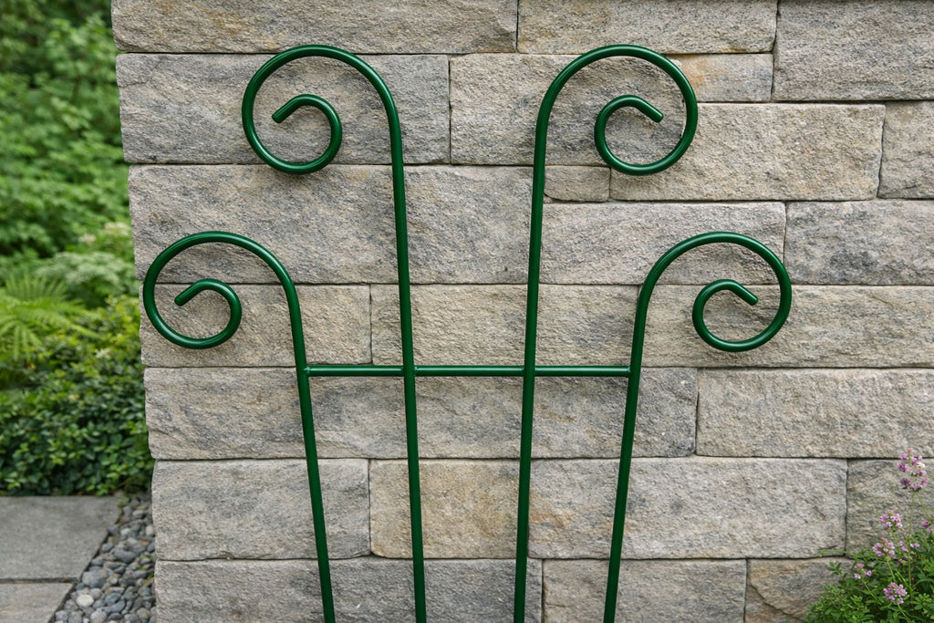 Green Metal Garden Trellis with Scrolled Detail - Sturdy Steel Plant Support for Climbing Plants and Containers