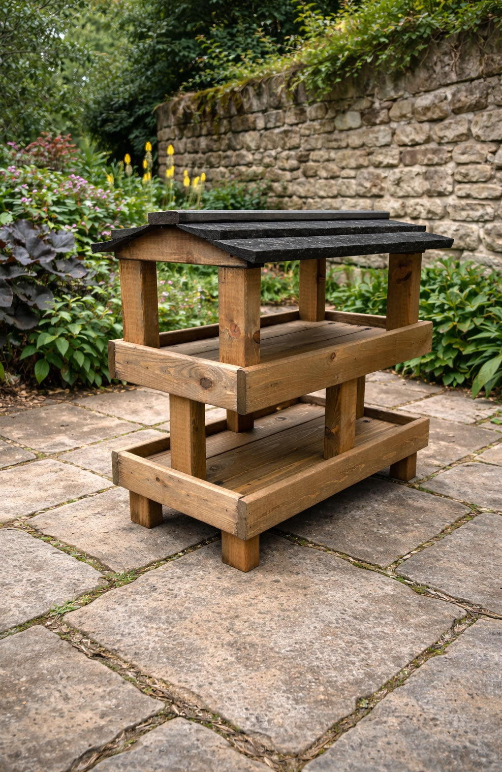 Heavy Duty Wooden Ground Bird Feeder Table - Ready Assembled Outdoor Wild Bird Feeding Station with Black Roof