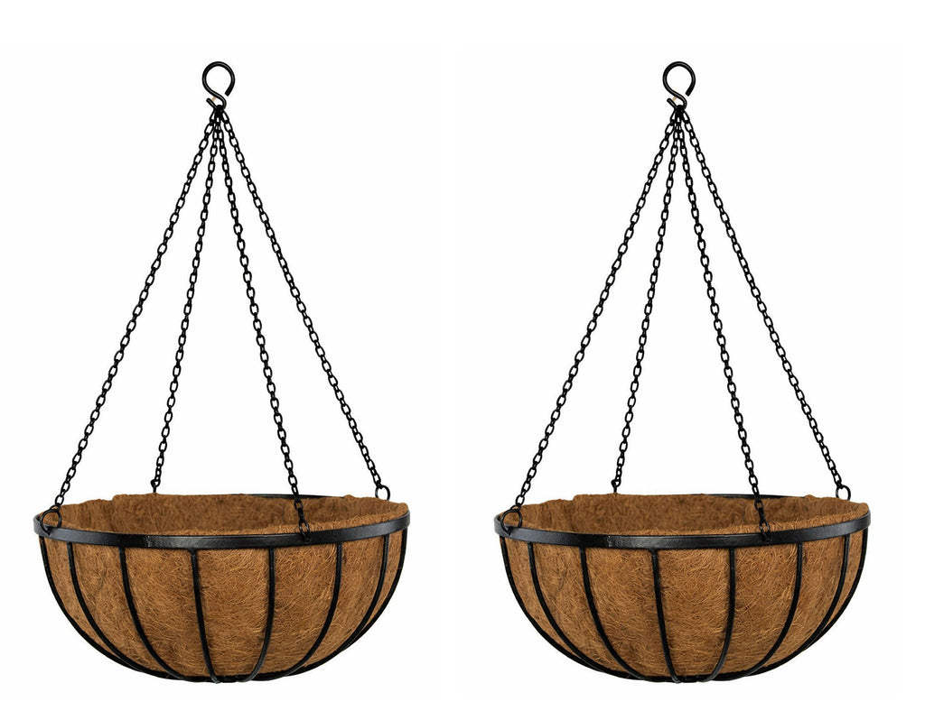 40cm Outdoor Hanging Basket Planters Twin Pack - Strong Metal Baskets with Natural Coco Liners