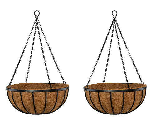 40cm Outdoor Hanging Basket Planters Twin Pack - Strong Metal Baskets with Natural Coco Liners