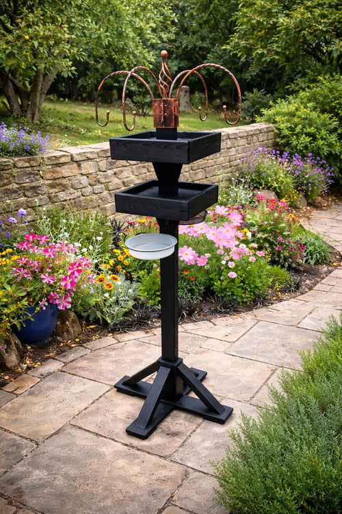 Freestanding Bird Feeding Station Heavy Duty with Dual Feeding Tables - 4 Arm Hanging Hooks - Mesh Seed Tray and Water Dish