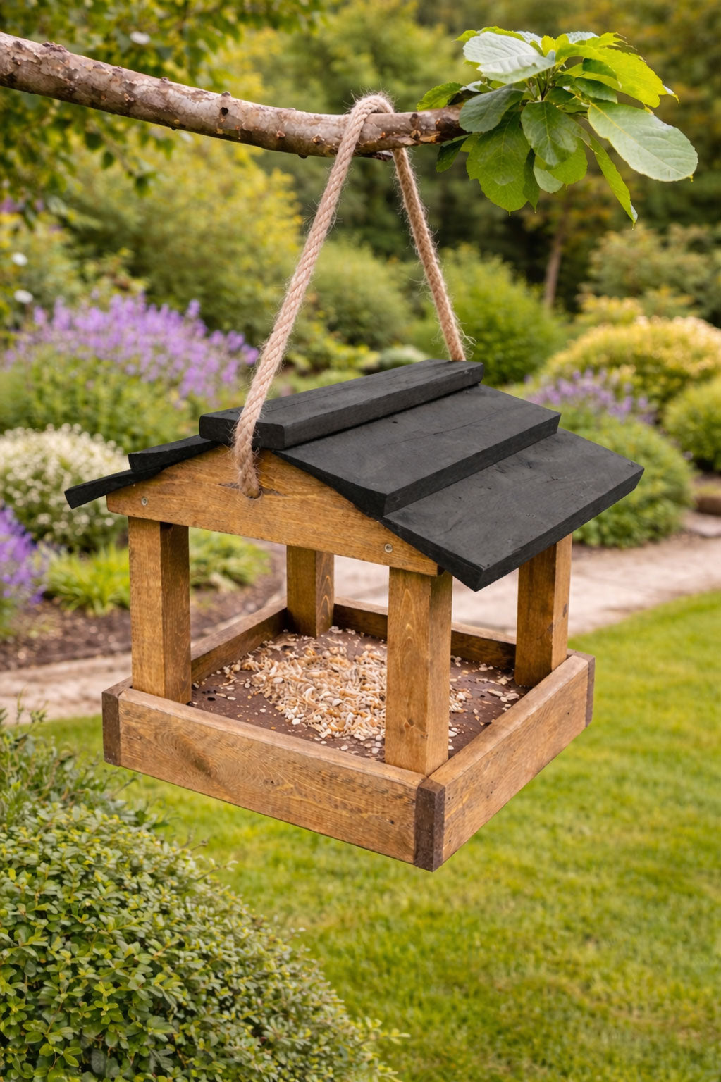 Timber Wooden Bird Feeder with Black Roof Hanging Garden Wild Bird Table Feeding Station