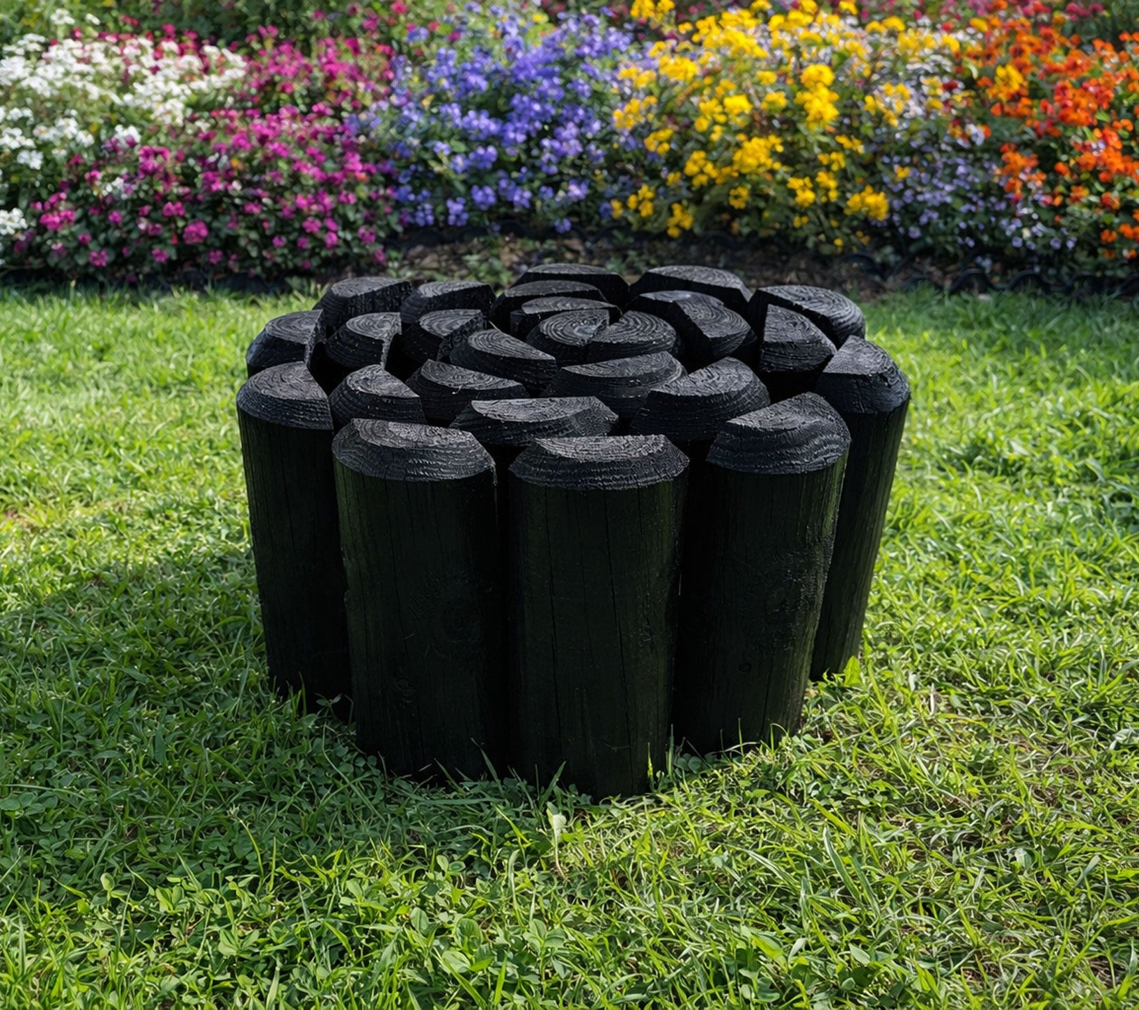 Timber Log Roll Garden Edging Black Pressure Treated Wooden Lawn Border Multiple Heights
