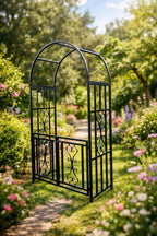 Metal Garden Arch with Opening Gate - Steel Garden Archway Walkway Entrance Frame for Climbing Roses