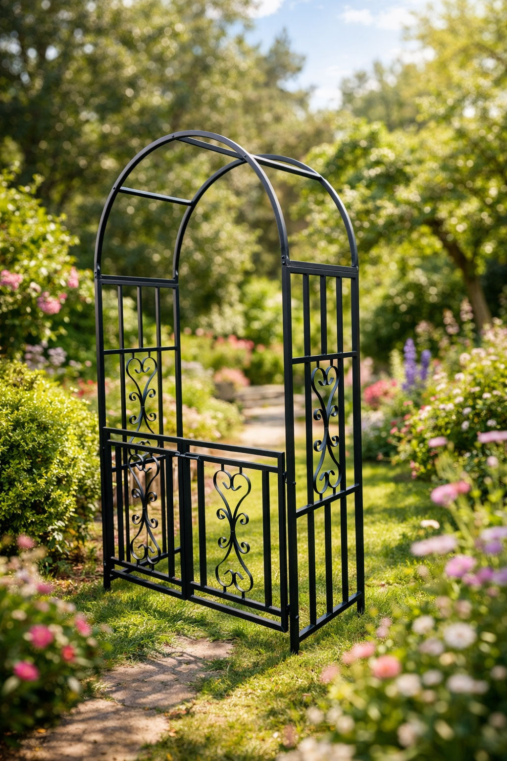 Metal Garden Arch with Opening Gate - Steel Garden Archway Walkway Entrance Frame for Climbing Roses