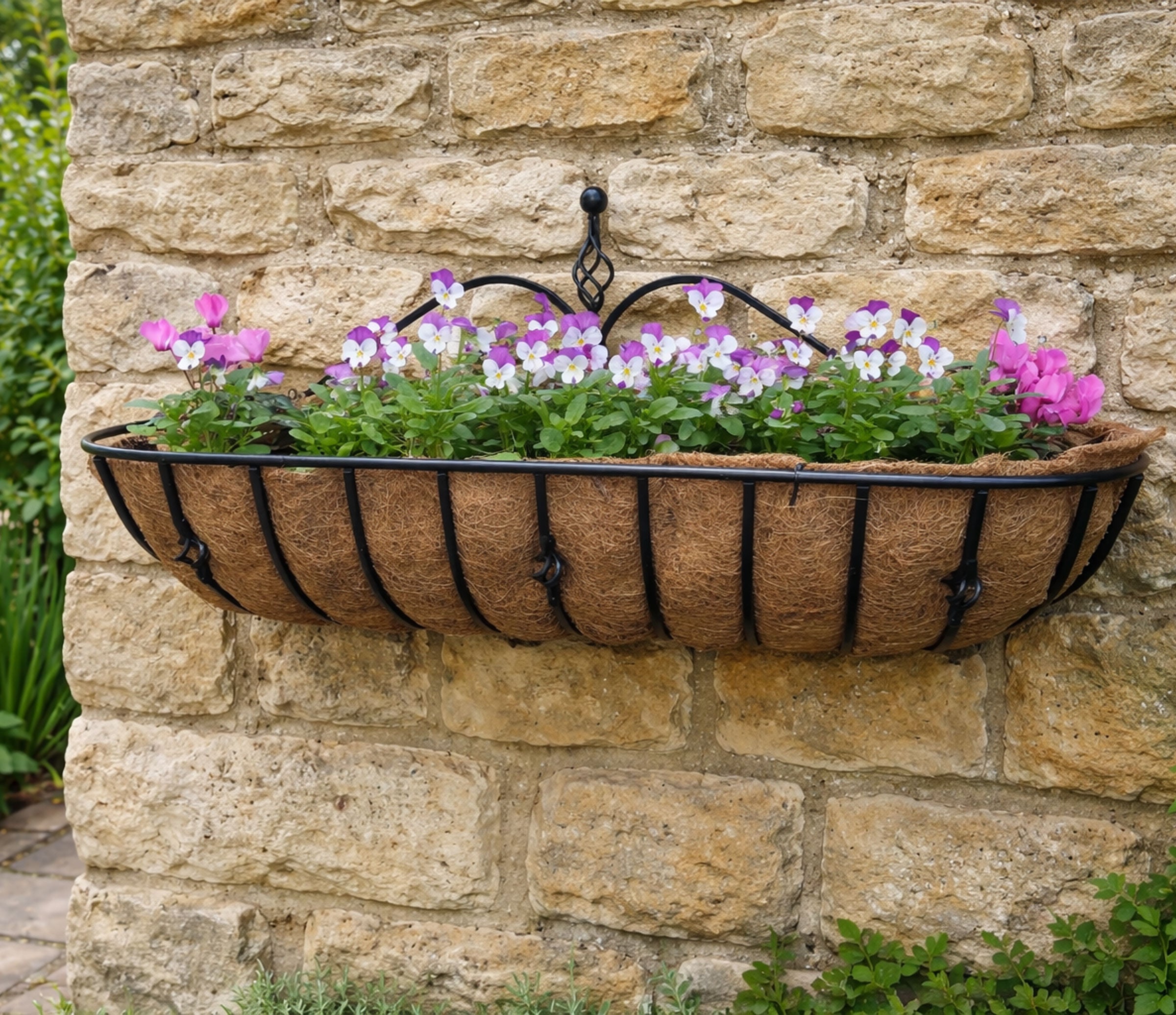 Heavy-Duty Decorative Spiral Wall Trough - Steel Outdoor Wall Planter with Coco Liner