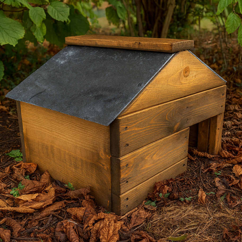 Wooden Hedgehog House with Slate Roof - Shelter for Hibernation