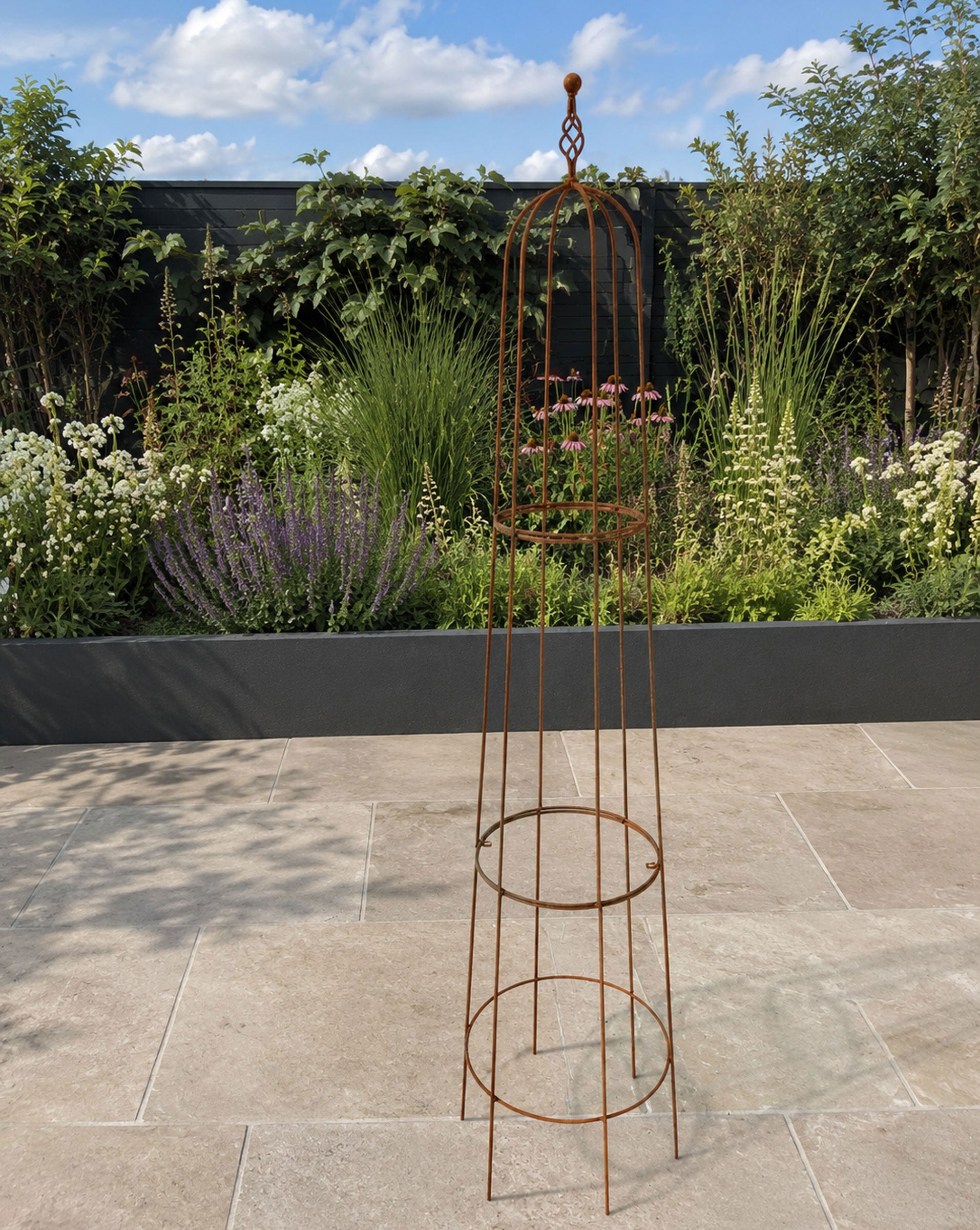 Metal Garden Obelisk with Spiral Top - Steel Climbing Plant Support Frame with Natural Rust Finish