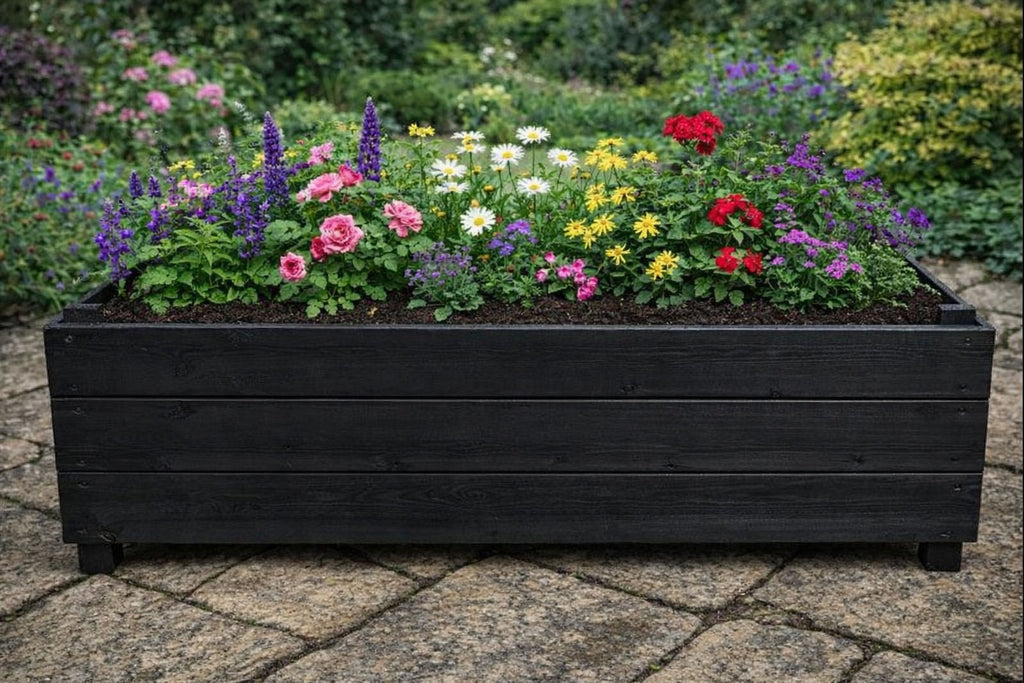 Extra Deep Wooden Trough Garden Planter Black - Long Rectangular Patio Planter Herbs and Perennials