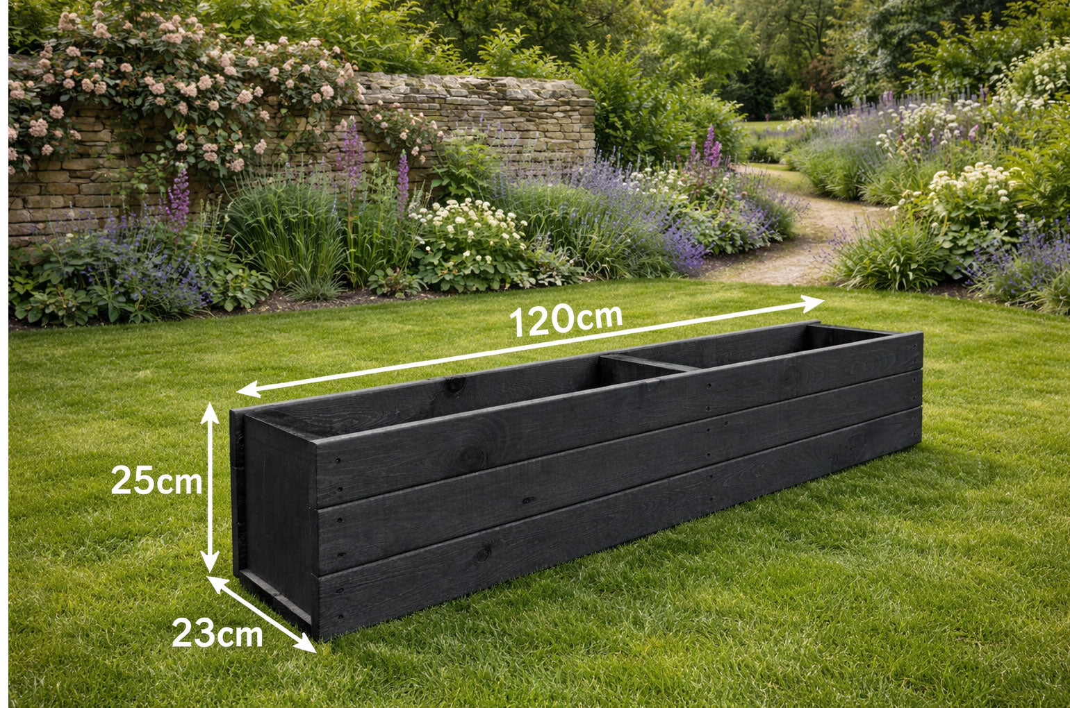 Modern Black Wooden Garden Trough Planter 120cm - Heavy Duty Rectangular Outdoor Plant Container for Patios