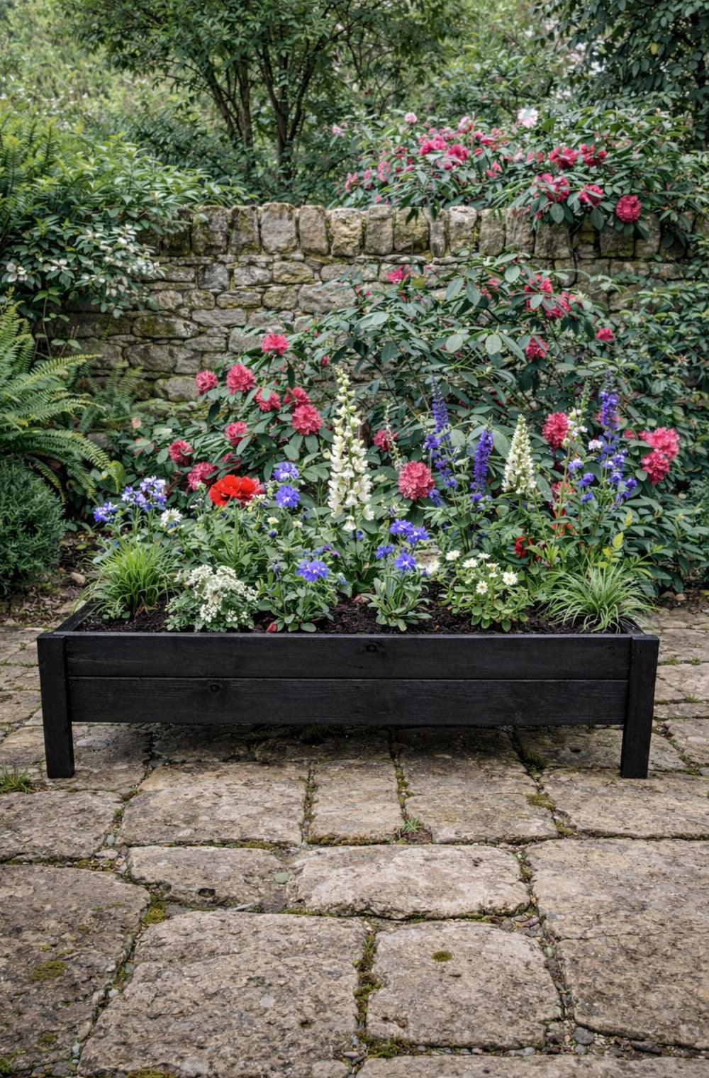 Raised Wooden Garden Container on Legs - Black Timber Trough for Herbs & Flowers