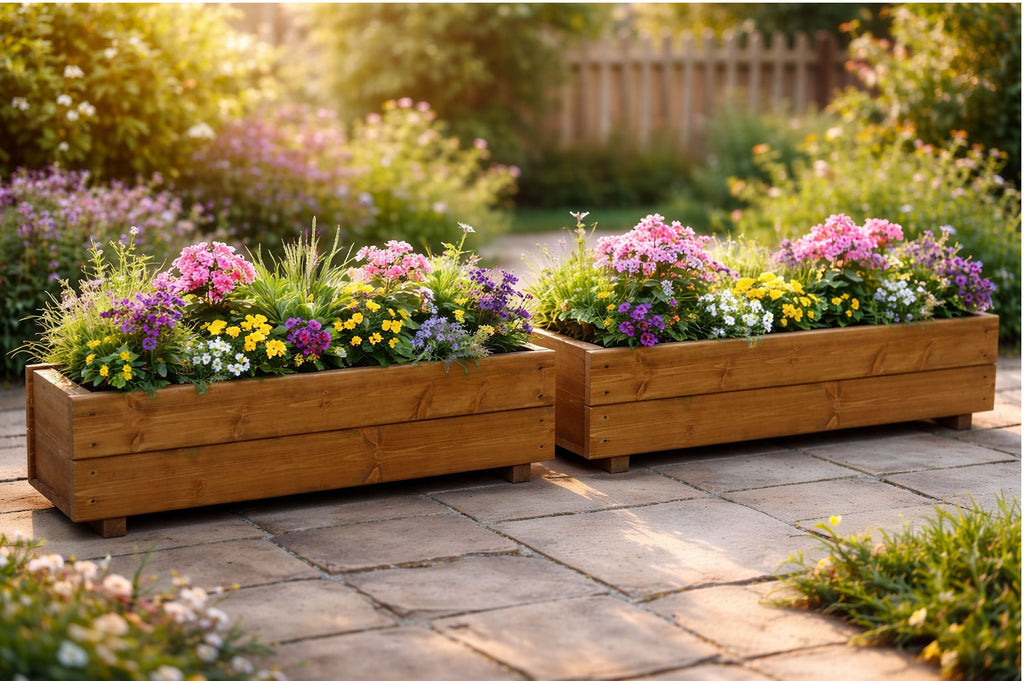 Large Wooden Planter Trough Twin Pack 100cm Brown Herb Planter Box for Garden Patio and Balcony