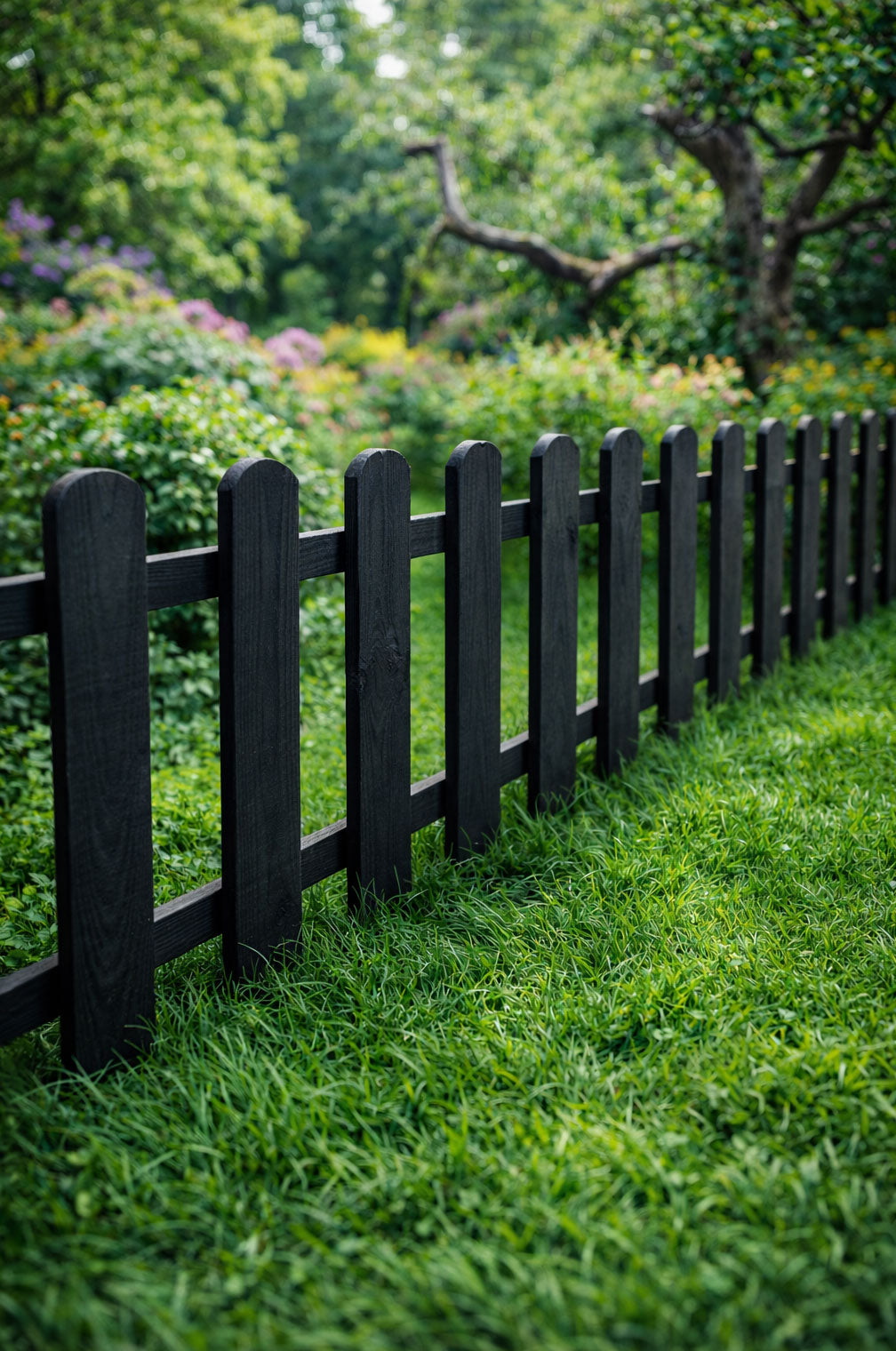 Low Black Garden Edging Fence Decorative Timber Picket Border for Lawns Paths & Flower Beds