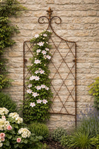 Solid Steel Garden Trellis Support with Lattice Design and Ornate Finial - Rust Outdoor Plant Support
