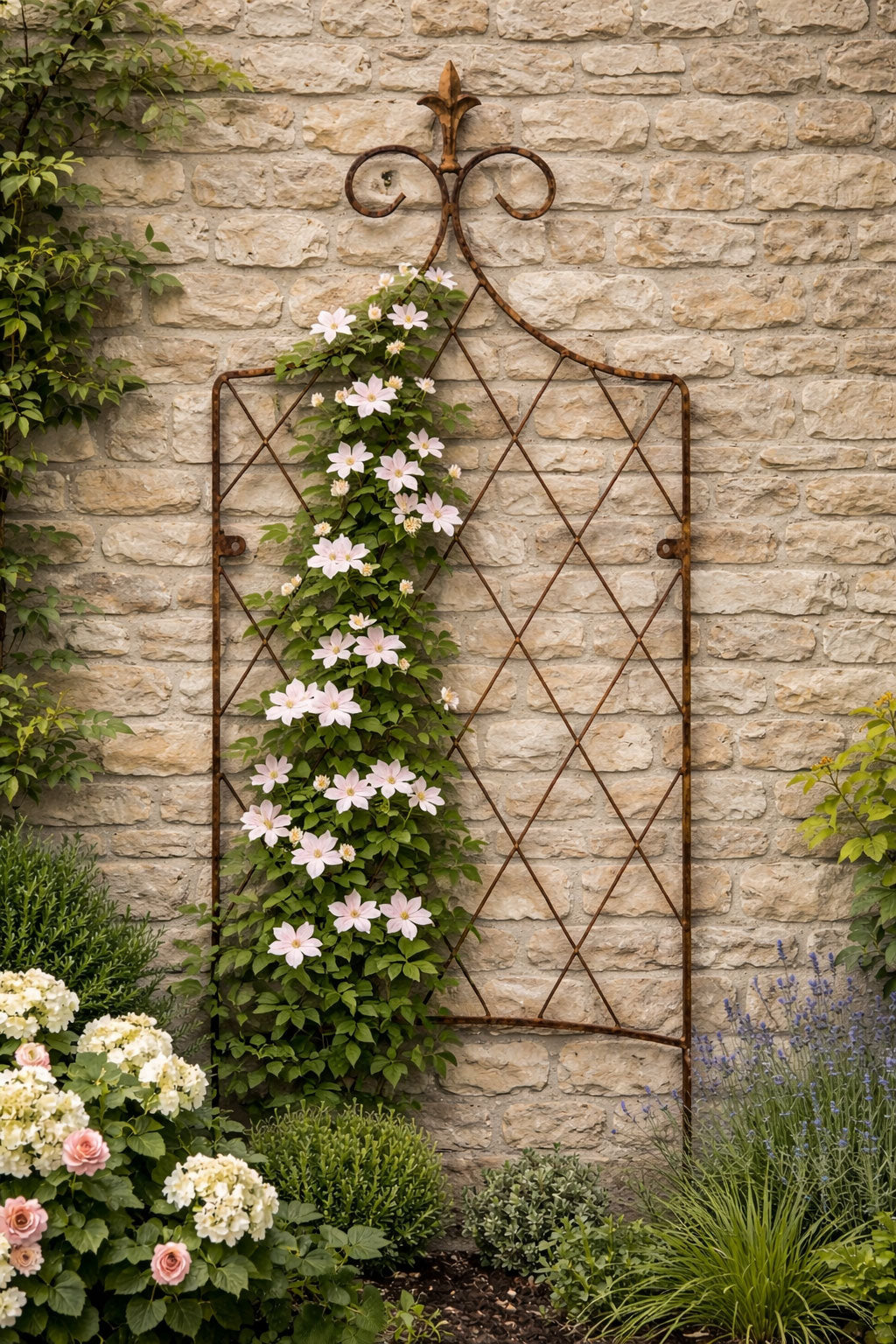 Solid Steel Garden Trellis Support with Lattice Design and Ornate Finial - Rust Outdoor Plant Support