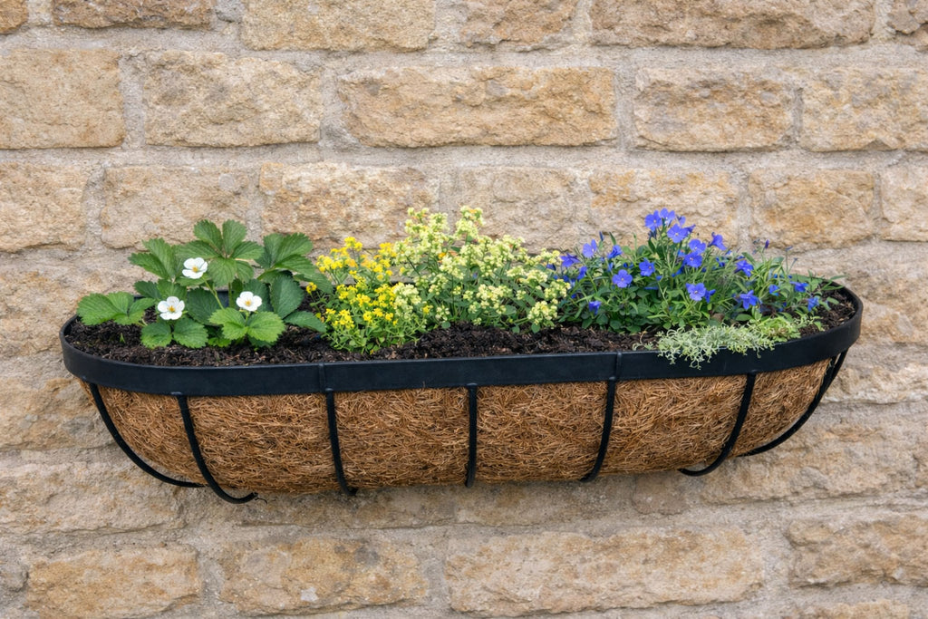 Twin Pack Outdoor Metal Wall Planters 60cm Window Boxes with Natural Coir Liners for Garden Walls