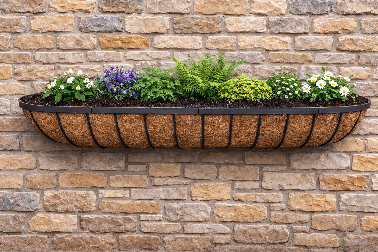 Twin Pack Outdoor Metal Wall Planters 120cm Window Boxes with Natural Coir Liners for Garden Walls