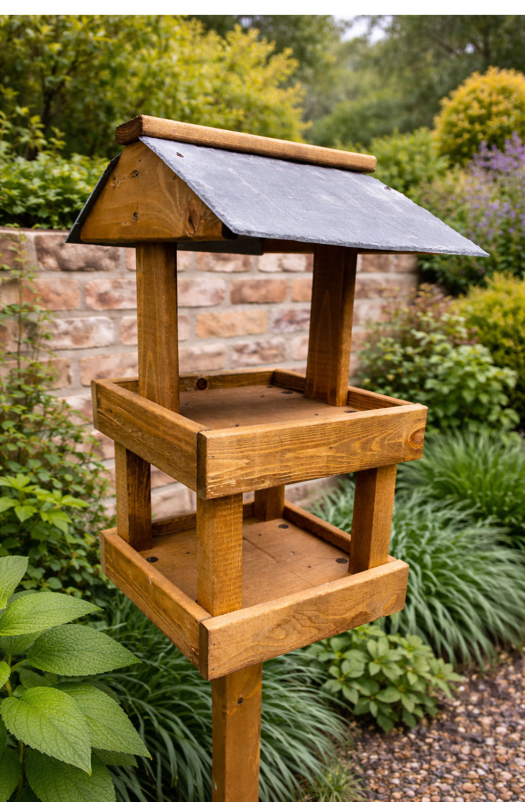 Twin Platform Wooden Bird Table with Real Slate Roof Heavy Duty Garden Wild Bird Feeding Station
