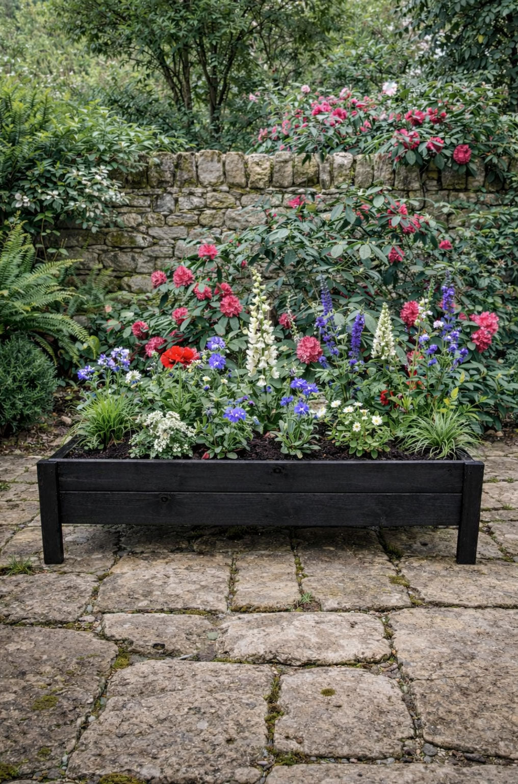 Raised Wooden Garden Container on Legs - Black Timber Trough for Herbs & Flowers